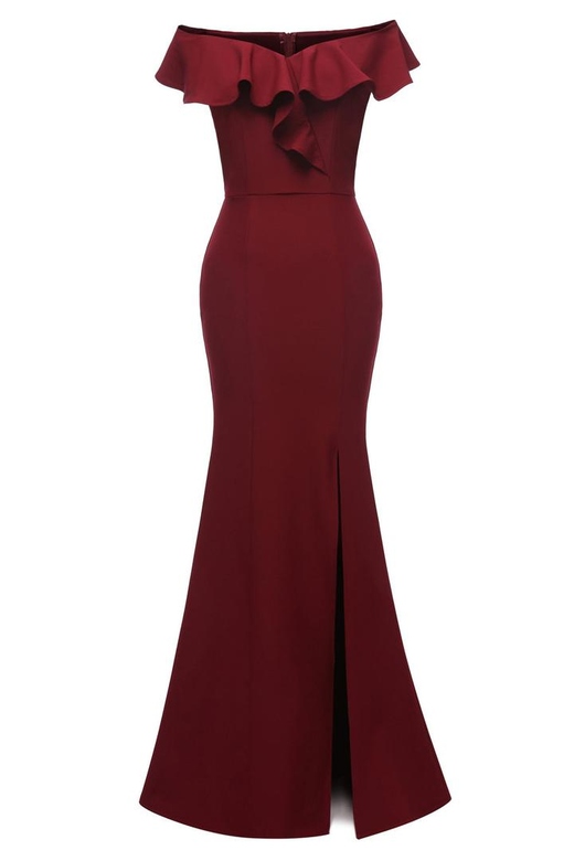 Burgundy Mermaid Off-the-Shoulder Slit Prom Dress for Boldness