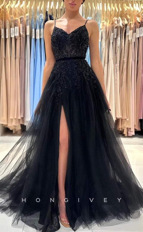 Sexy Tulle A-Line V-Neck Spaghetti Straps Beaded Slit Gown