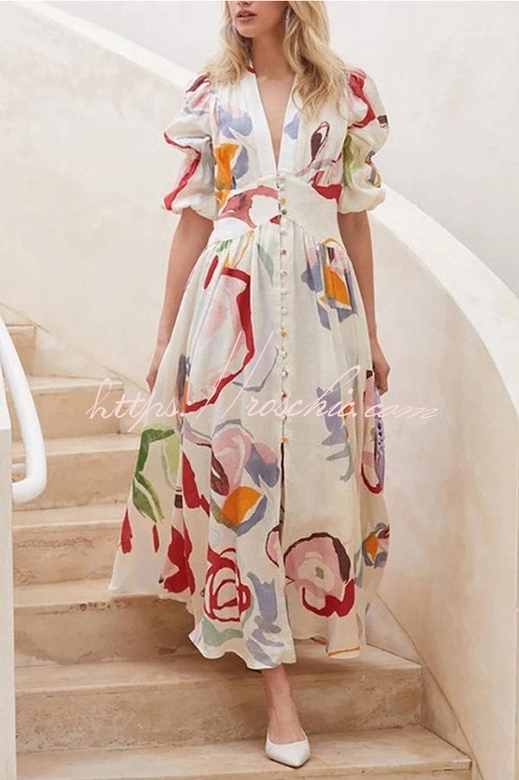 Lover's Gaze Watercolor Floral Puff Sleeve Button Maxi Dress