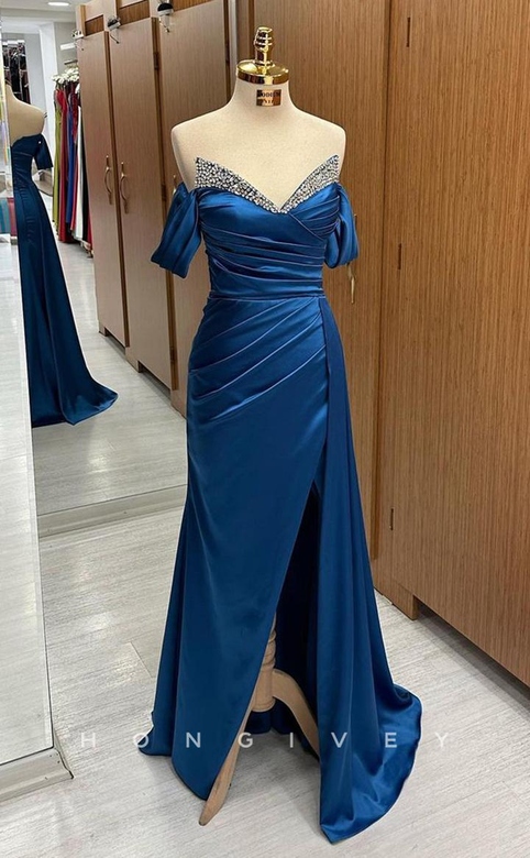 Sexy A-Line Off-Shoulder Satin Ruched Beaded Slit Prom Gown