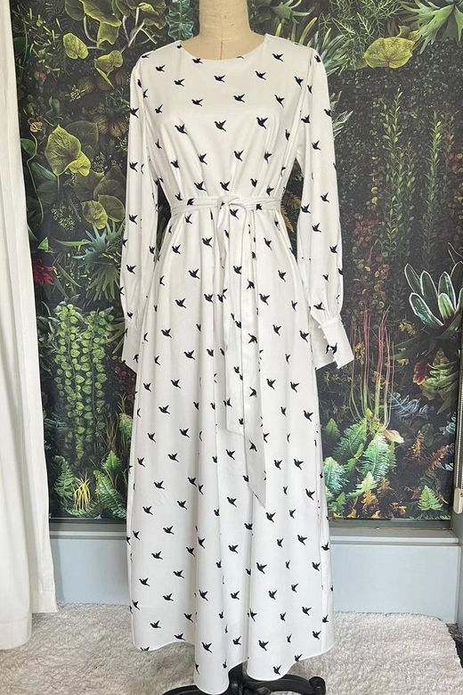 White Long Sleeve Print Dress for Casual Elegance