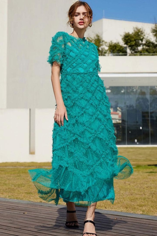 Breezy Mock Neck Polka Dot Tulle Summer Ruffled Evening - Emerald Green