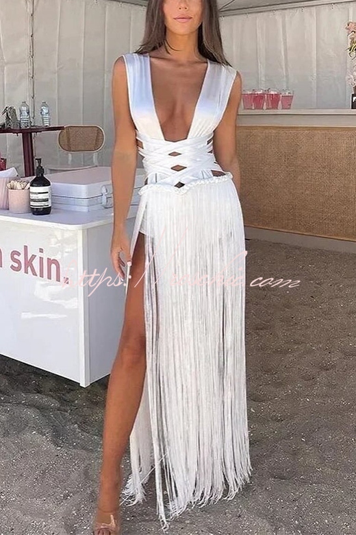 Solid Bandage Fringe Patchwork Maxi