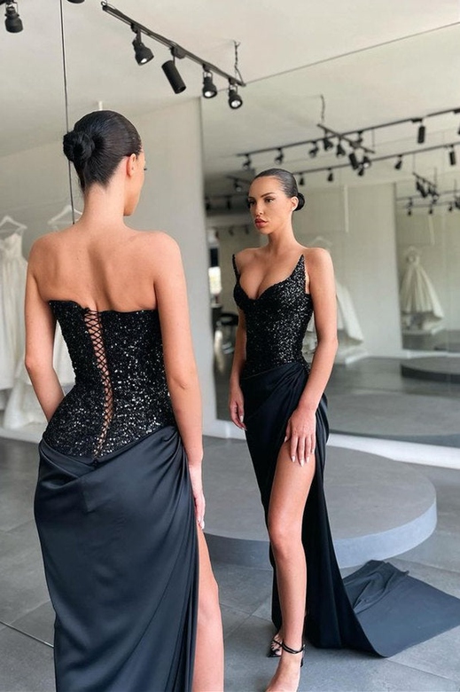 Unique Black Strapless High-Split Lace-Up Sequined Prom Dress