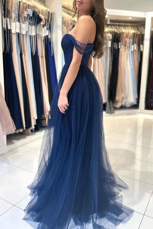 Dark Navy Long Off-the-Shoulder Tulle Prom Dress