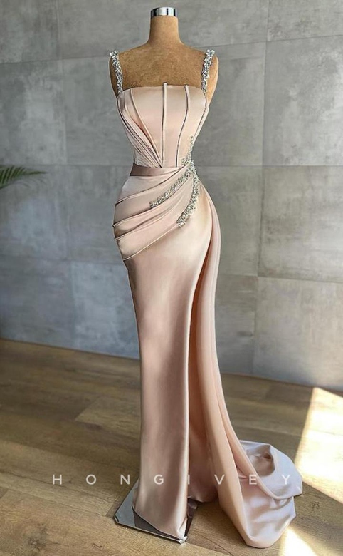 Sexy Square Spaghetti Straps Satin Fitted Ruched Beaded Gown