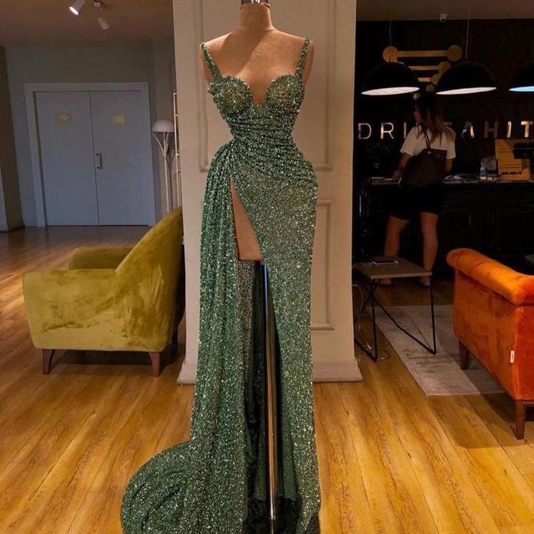 Spaghetti-Straps Shinning Sequins Mermaid Prom Dress with Split