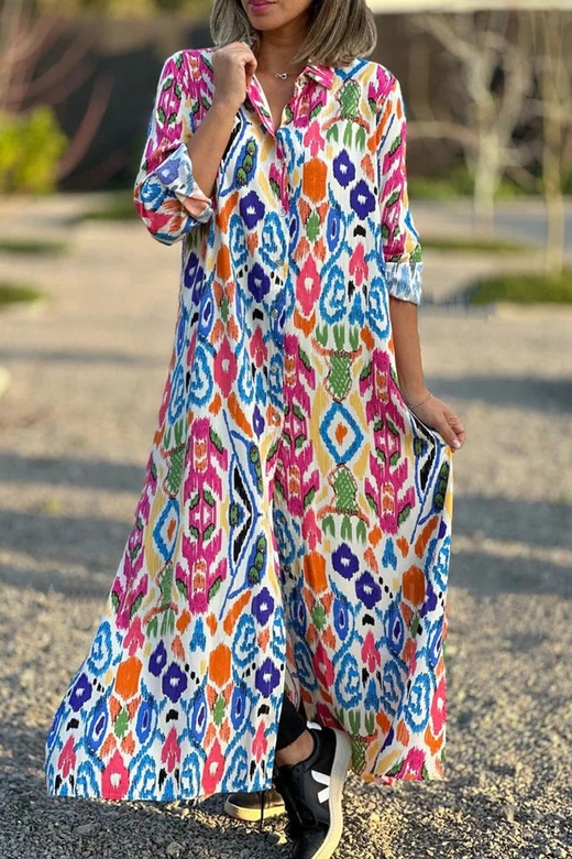 Sweet Geometric Printing Turndown Collar Shirt Dresses