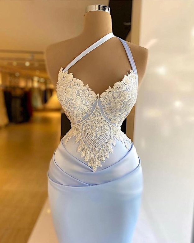 Sky Blue One Shoulder Lace Mermaid Prom Dress for Parties