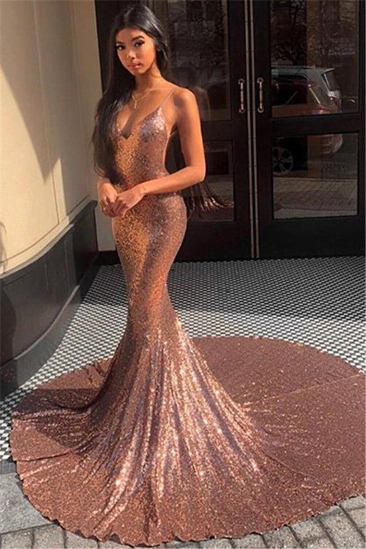 Spaghetti-Straps Sequins Sleeveless Long Mermaid Prom Dress