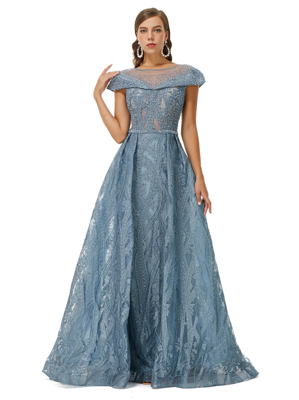 Ballbella Sparkle Beaded Cap Sleeves Prom Dresses with Overskirt