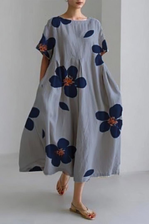 Gray and Blue Floral Loose Fit Dress for Modern Elegance