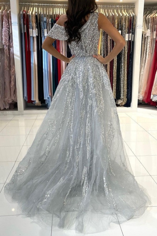 Silver Grey One Shoulder Sequins Beadings Overskirt Prom Dress