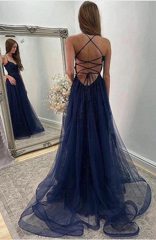 Spaghetti-Straps Dark Navy Tulle Long Prom Dress on Sale