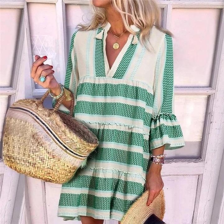 Chic Color Block Print Bell Cuff Sleeve Mini Dress for Style