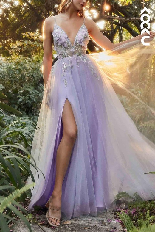 V-Neck Floral Beaded Appliqued Sheer Tulle A-Line Prom Gown