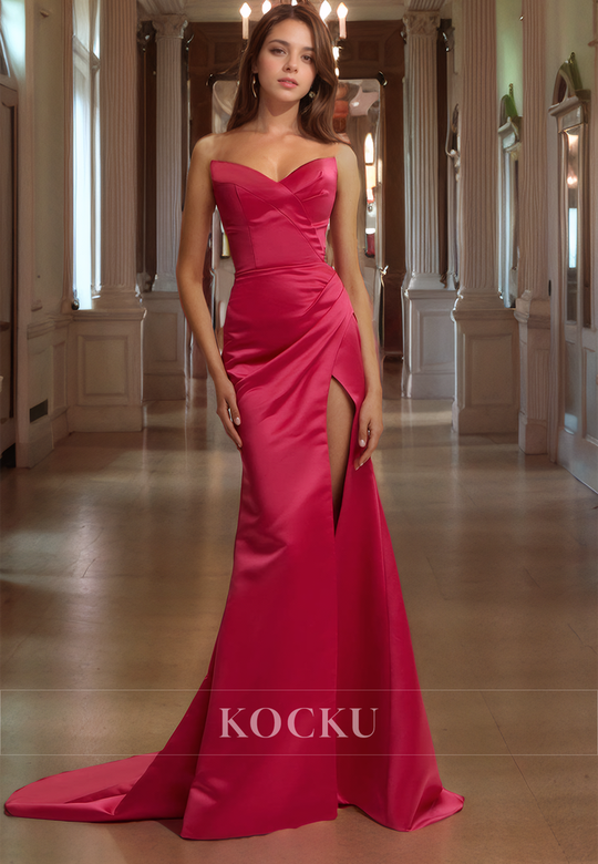 Elegant & Simple Sleeveless Mermaid Ruched Split Evening Party Gown