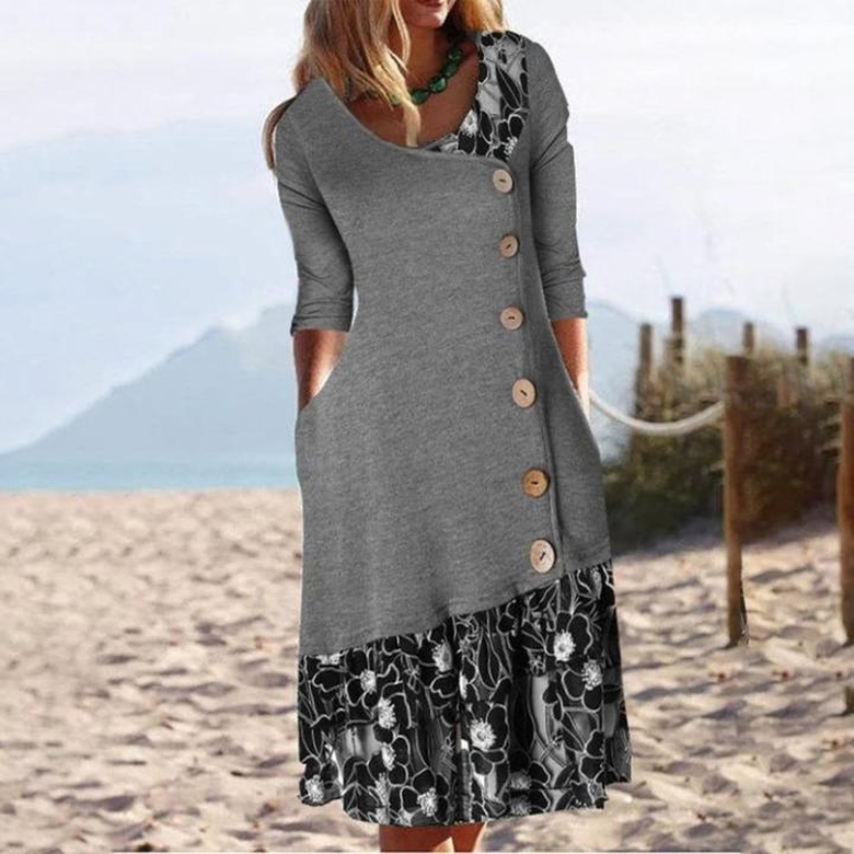 Grey Long Sleeve Print Midi Dress for Subtle Charm