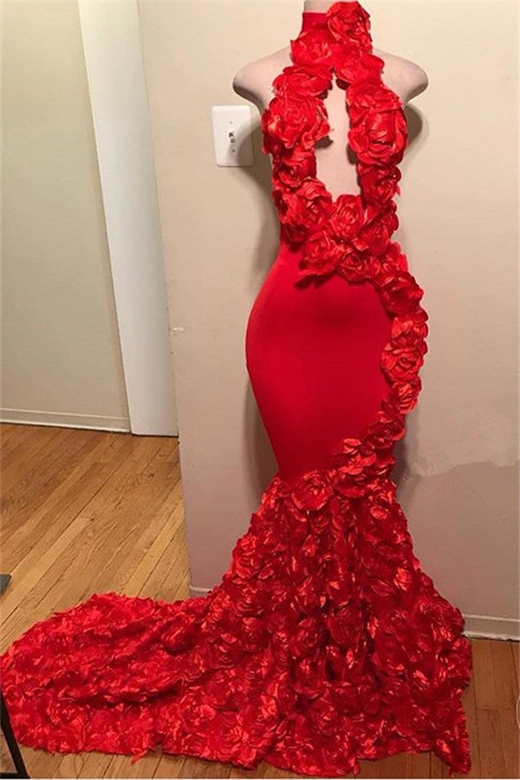 Red High Neck Flowers Sleeveless Mermaid Formal Wears