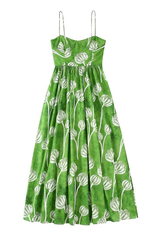 Green Spaghetti Straps Print Maxi Dresses for Boho Elegance