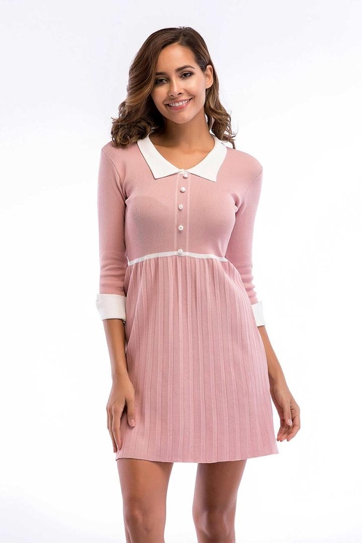 Pink Cuffed Sleeve Layered Hem Knit Dress for Chic Look