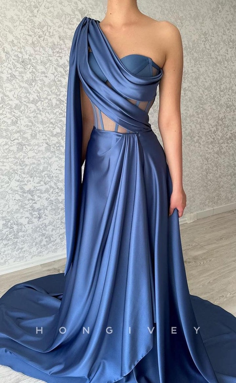 Unique Satin A-Line One Shoulder Illusion Ruched Train Prom Gown