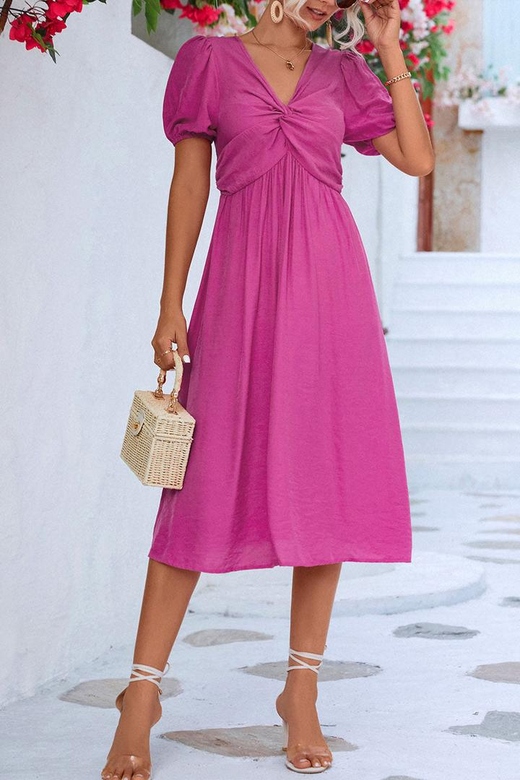 Solid V-Neck Front Twist Midi Dress for Simple Elegance