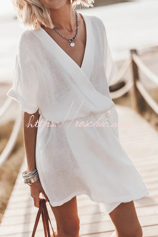 Breezy Retreat Cotton Linen Pocketed Kimono Mini Dress