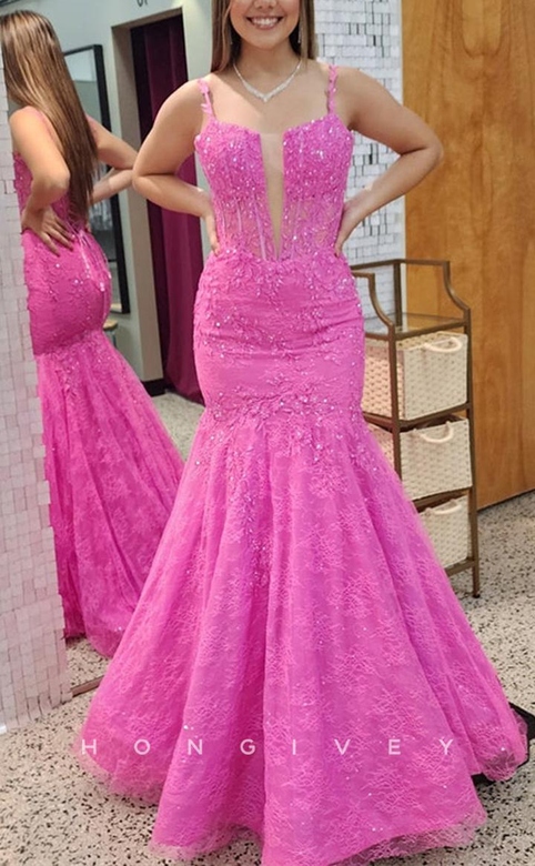 Sexy Lace Trumpet Bateau Spaghetti Straps Empire Appliques Floor-Length Prom Gown