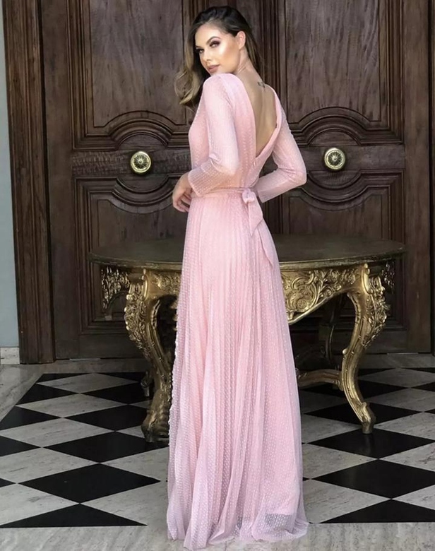 Pink Long Sleeves Tulle Holiday Party Long Prom Dress