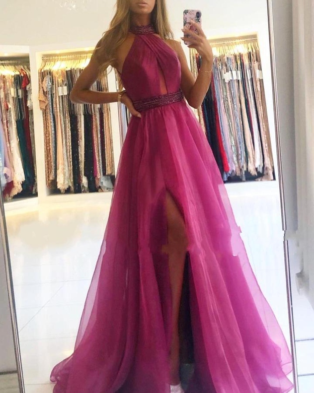 Orchid Halter Tulle Split Long Prom Dress