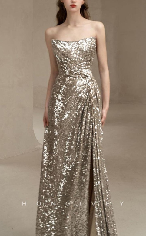 Sexy Glitter Bateau Strapless Sleeveless Ruched Empire Side Slit Gown