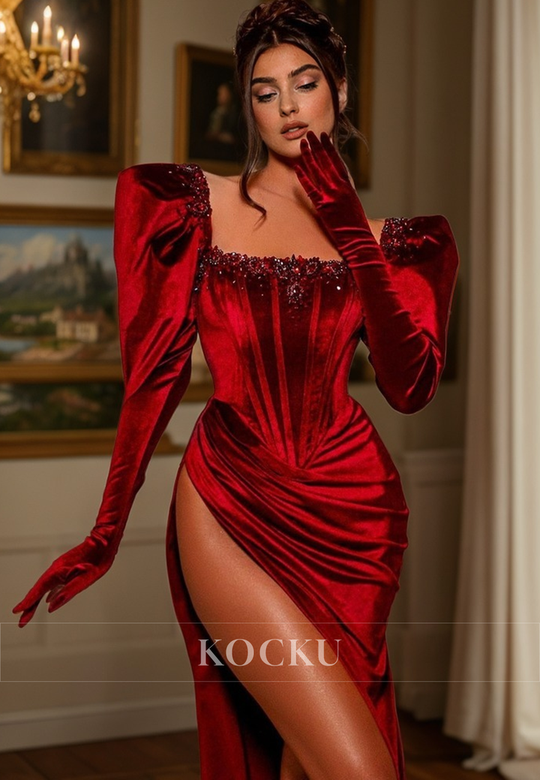 Couture & Ornate Square Long Sleeves Ruched Evening Party Dress