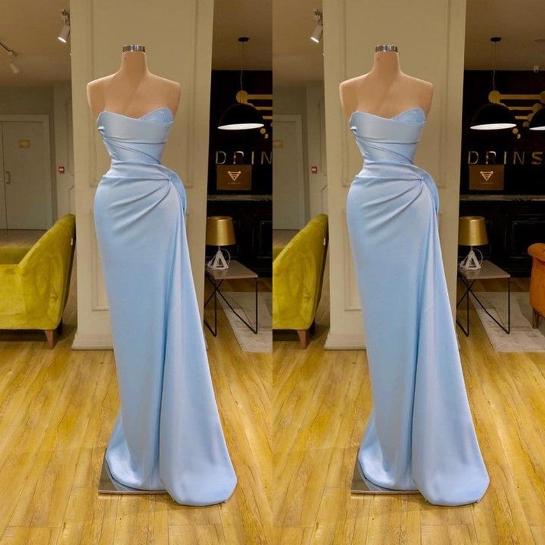 Unique Cross Sweetheart Light Blue Soft-Pleated Long Prom Dress