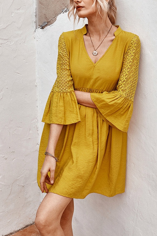 Casual V-Neck Lace Panel Tunic Dress for Everyday Wear