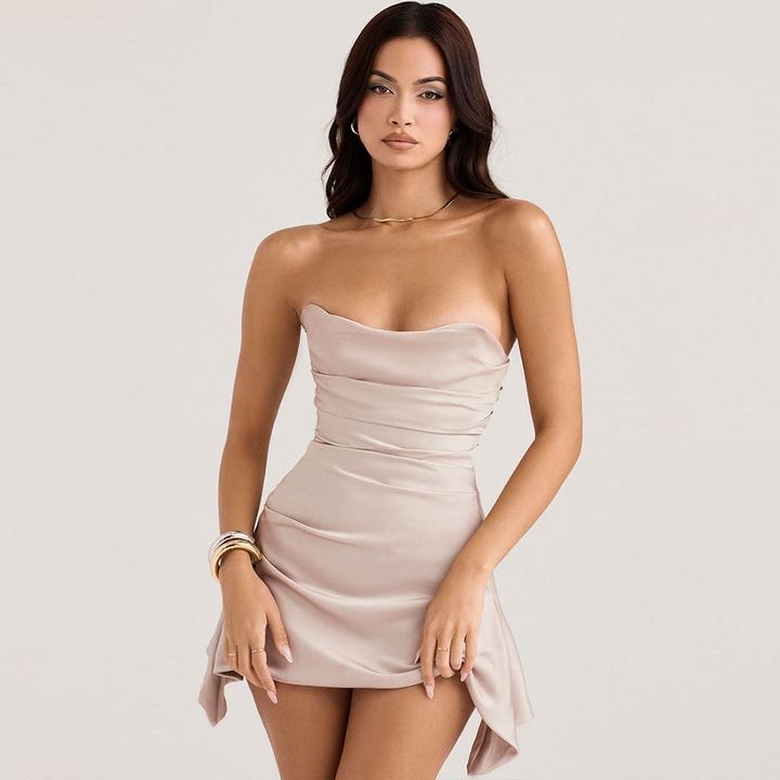 Glamorous Satin Asymmetrical Ruched Strapless Corset Party Mini Dress in Champagne