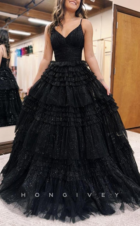 Classic Black V-Neck Spaghetti Straps Empire Tiered Ball Gown Long Party Dress