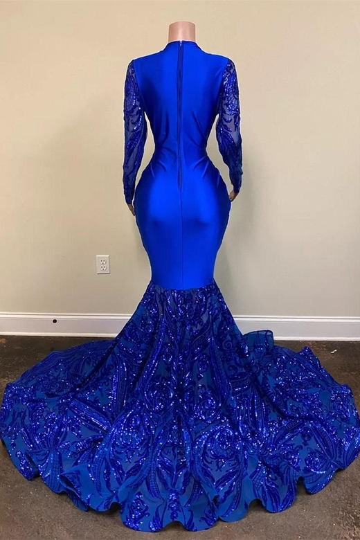 Long Sleeves Royal Blue Sequins V-Neck Mermaid Prom Dress