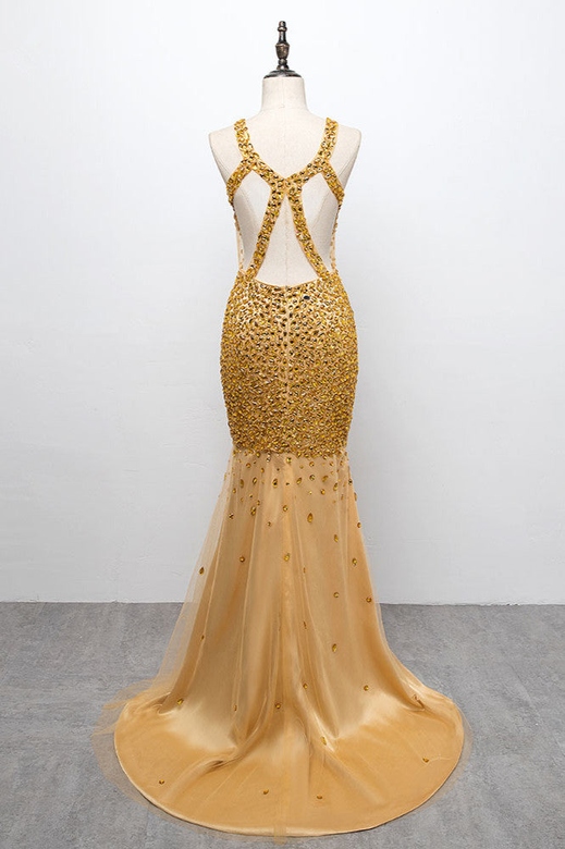 Glamorous Straps V-Neck Gold Beadings Mermaid Prom Dress