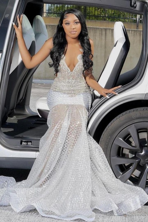 Silver Beaded V-Neck Spaghetti Straps Sparkle Mermaid Prom Dress