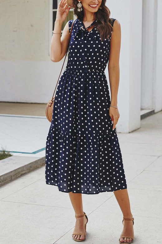 Polka Dot Tie Neck Sleeveless Dress for Playful Elegance