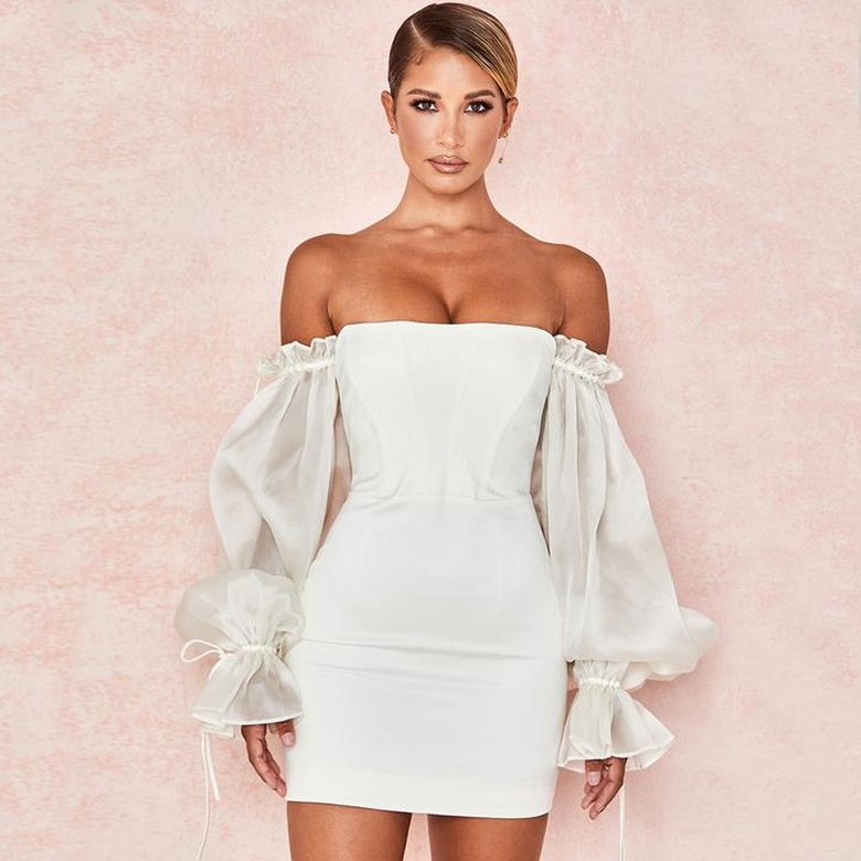 Cute Off-Shoulder Puff Sleeve Bodycon Party Mini Dress in White for Sweet Elegance