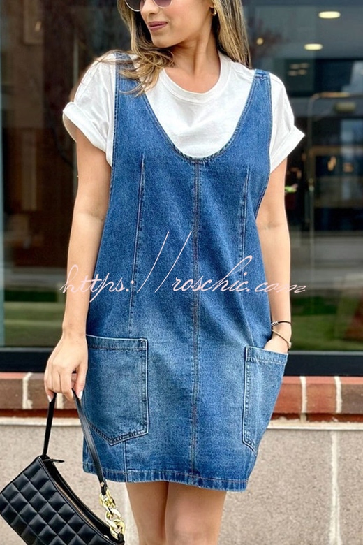 Solid Color V-Neck Denim Suspender Mini