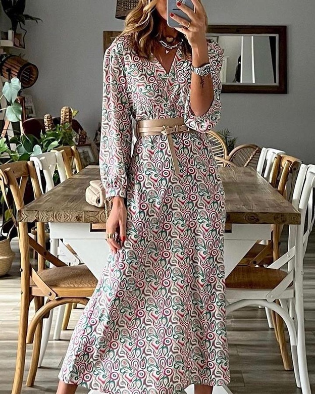 Vintage Long Sleeve V-Neck Print Maxi Dress for Bohemian