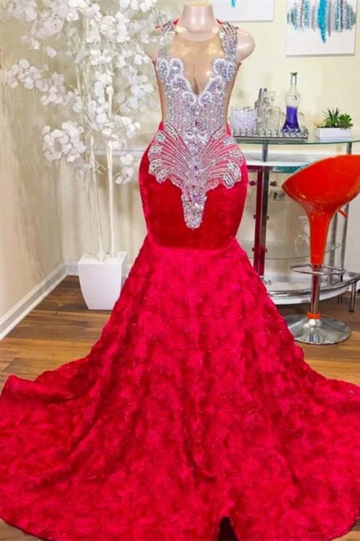 Red Sleeveless Beaded Mermaid Prom Dress