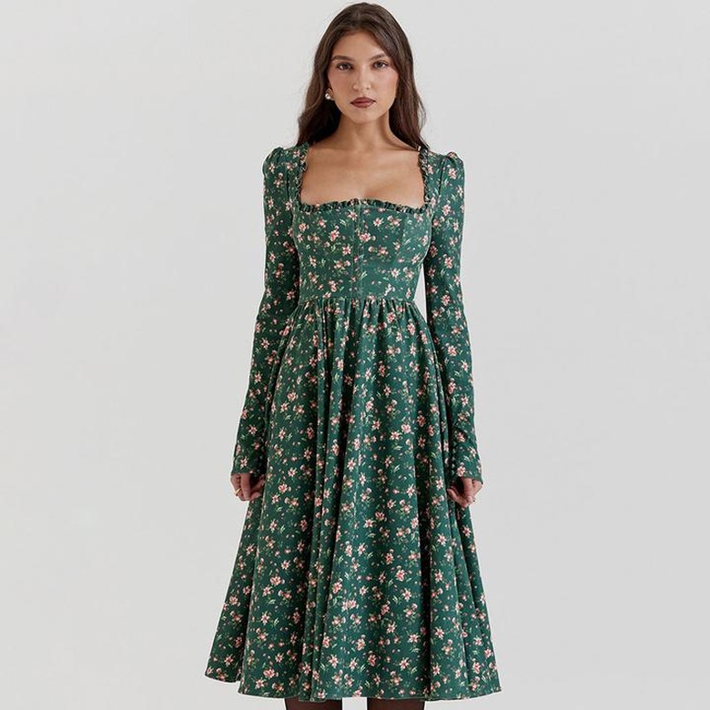 Vintage Floral Printed Puff Sleeve Garden Party Midi Dress in Emerald Green