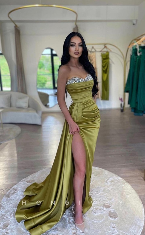 Sexy Crystal Beaded Strapless with Train and Slit Prom Dress