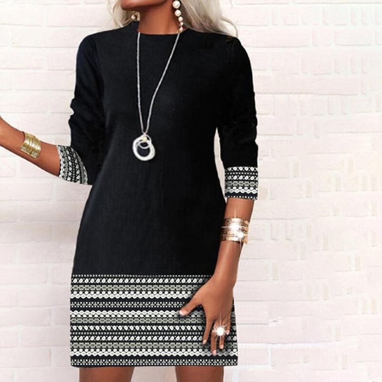 Black and White Aztec Print Trim Long Sleeve Mini Dress for Bold Pattern