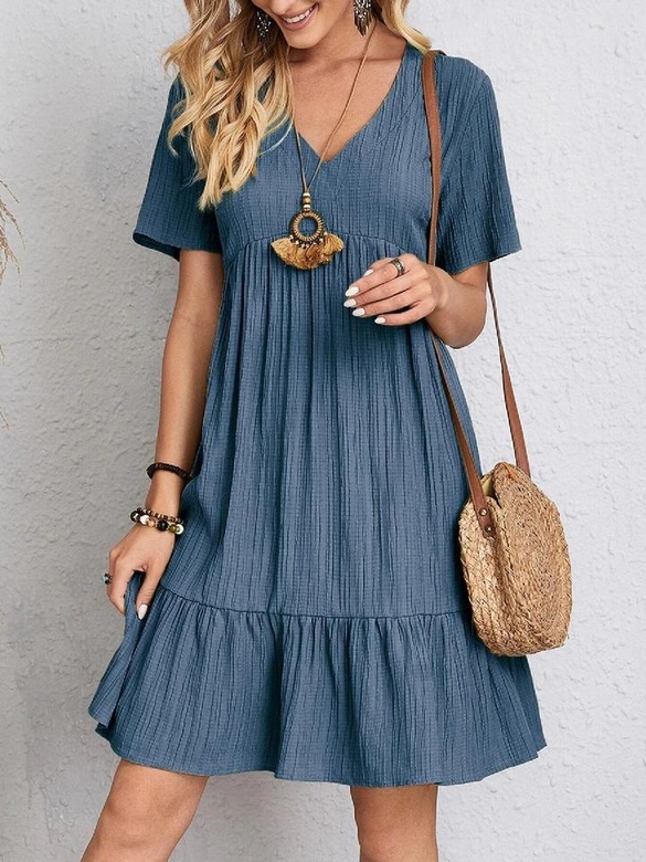 V-Neck Solid Ruffle Hem Mini Dress for Simple Elegance