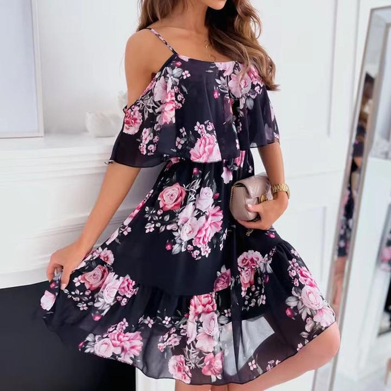 Floral Print Cold Shoulder Ruffle Hem Chiffon Dress for Flair